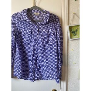 LOFT Women's Small Blue Yellow Geometric Print‎ Long Sleeve Button Down Shirt